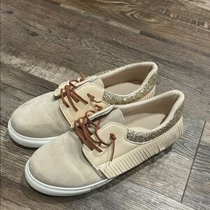 Beige Sneakers with Glitter fringe Detail